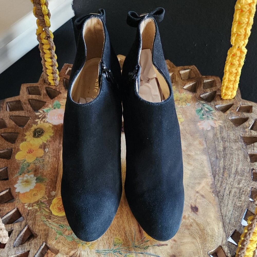 Kate Spade Suede Bootie in Black w/Side Zip and Gold Heel Accent - Picture 2 of 9